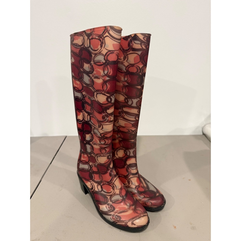 Coach Rain Boots Womens 6 Red Multi Signature C Monogram Preppy Coastal Heeled